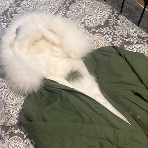 Mr&MrsFur parka. White fox fur. Green cotton canvas shell, beautiful parka.